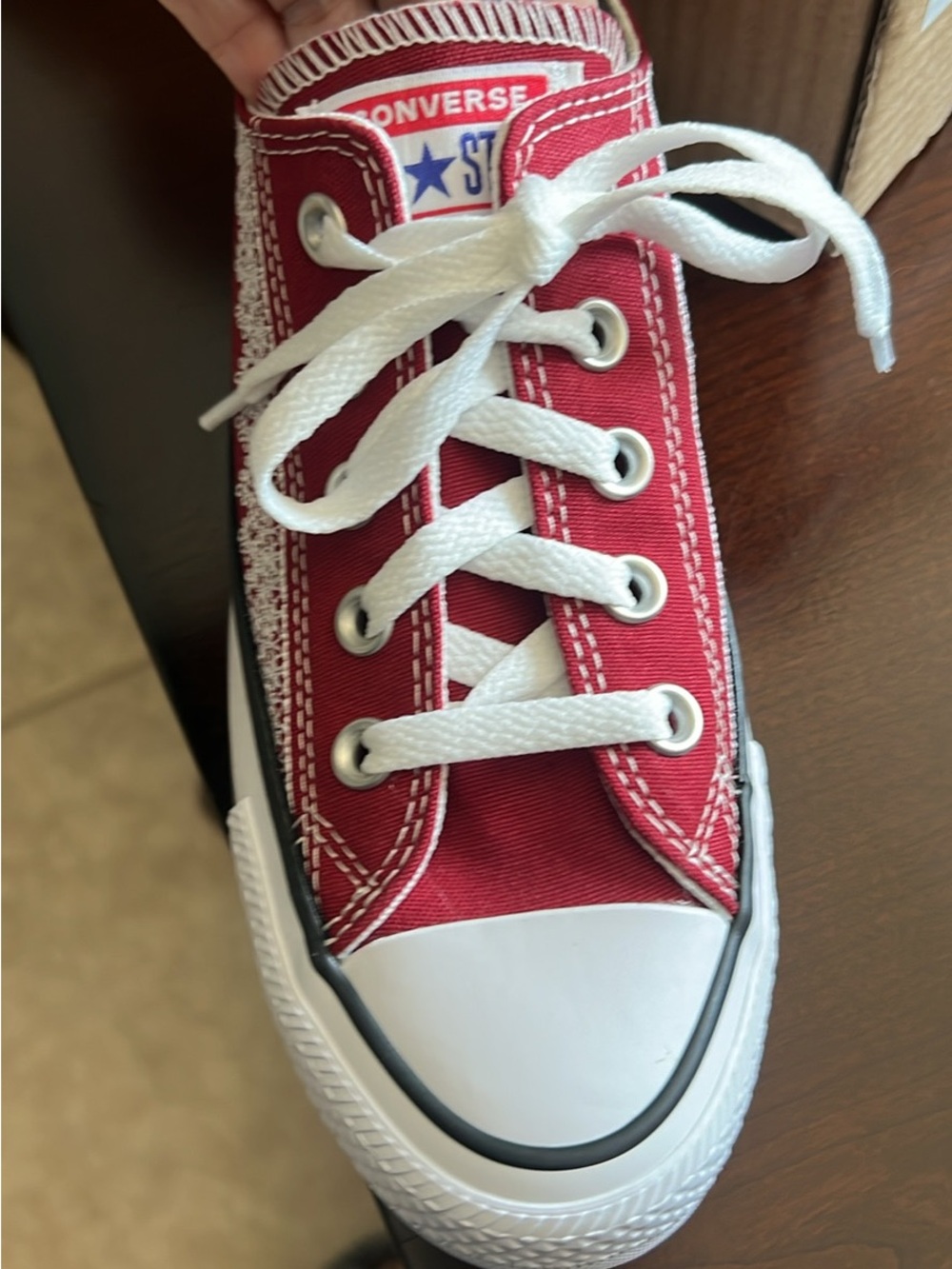 Converse Low-Top Red Canvas Sneakers with White Lace Trim - Picture 4 of 6